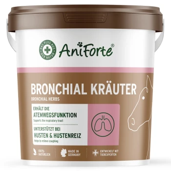 Behälter mit AniForte Bronchial Kräuter für Pferde, unterstützt die Atemfunktion und lindert Husten.