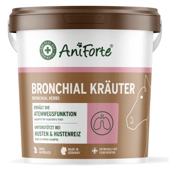 Behälter mit AniForte Bronchial Kräuter für Pferde, unterstützt die Atemfunktion und lindert Husten.