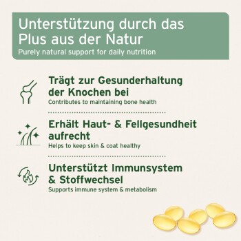 Bild, das ein Haustierernährungsprodukt bewirbt, mit Text auf Deutsch über Vorteile: Knochengesundheit, Haut- und Fellgesundheit sowie Immunsupport.