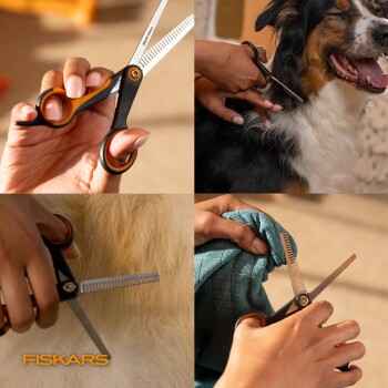 Hände benutzen Fiskars Effilierschere, um in Nahaufnahmen das Hundefell zu kürzen; 'FISKARS'-Logo sichtbar
