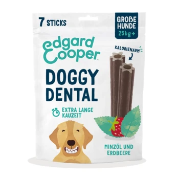Edgard Cooper Doggy Dental Leckerlis für große Hunde, mit 7 Sticks, mit einer lächelnden Hundillustration, Minze- und Erdbeer-Grafiken.