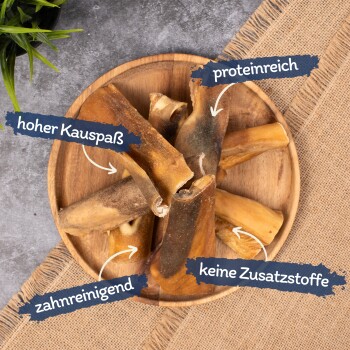 Ein Holzbrett zeigt Hundekauartikel, die mit "hoher Kauvergnügen", "reich an Protein", "Zahnreinigung" und "ohne Zusatzstoffe" gekennzeichnet sind.