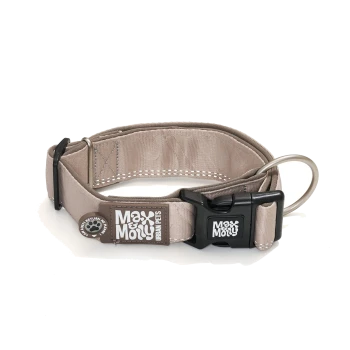 Beiges Nylon-Hundehalsband mit schwarzer Schnalle und metallischem D‑Ring, beschriftet mit 'Max & Molly' und kleinem Anhänger 'Wenn verloren, bitte zurückgeben'.