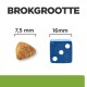 Afbeelding die de grootte van huisdierenvoerbrokjes vergelijkt (7,5 mm) naast een blauwe dobbelsteen (16 mm) met de tekst 'BROKGROOTTE' erboven.