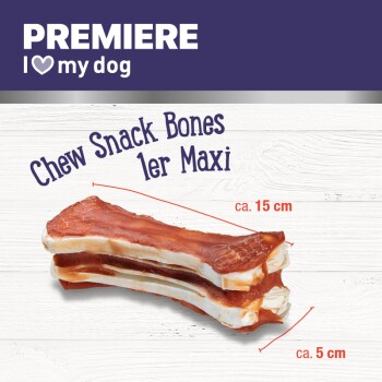 Premiere I love my dog Kauknochen 1er Maxi, mit einem gestapelten Knochenleckerei, die ungefähr 15 cm lang und 5 cm breit ist.