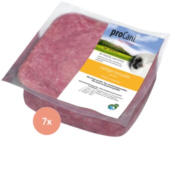 Rohes Geflügel-Hundefutter in einem klaren Behälter, beschriftet mit "proCani buy nature," mit pinkem Fleisch und "Geflügel komplett."