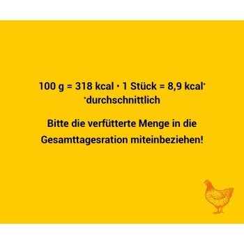 Nährwertangaben für Haustierfutter: 100 g = 318 kcal, 1 Stück = 8,9 kcal. Erinnerung, die gefütterte Menge in der gesamten täglichen Ration zu berücksichtigen.