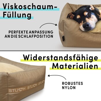 Ein Hund ruht auf einem bequemen Bett, das "Viskoschaum-Füllung" für Schlafanpassung und "Widerstandsfähige Materialien" für Langlebigkeit hervorhebt.