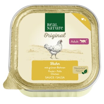 Real Nature Original Katzenfutterverpackung mit Huhn und grünen Bohnen, beschriftet mit "Huhn mit grünen Bohnen," geeignet für erwachsene Katzen.