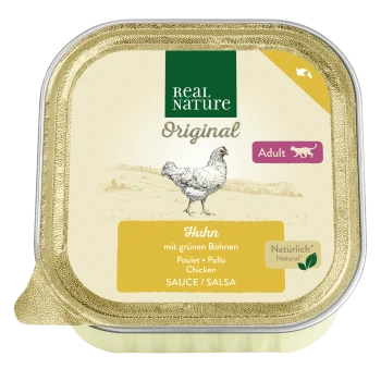 Real Nature Original kattenvoer verpakking met kip en groene bonen, gelabeld 'Huhn mit grünen Bohnen,' geschikt voor volwassen katten.