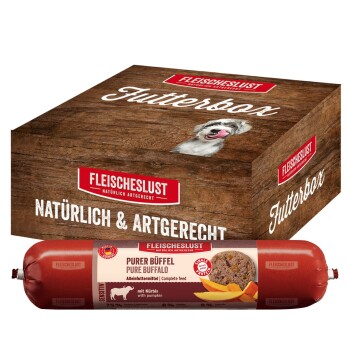 FLEISCHESLUST Futterbox mit Hundefoto und 'Purer Büffel' Wurstrolle mit der Aufschrift 'Natürlich & Artgerecht'.