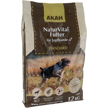 Ein 12 kg Sack AKAH NaturVital Hundefutter für Jagdhunde, mit einem braun-beigen Design und einem Bild eines laufenden Hundes sowie Text in Deutsch.