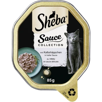 Verpackung von Sheba Sauce Collection Katzenfutter mit einer grauen Katze, einer Schüssel mit Fleisch in Sauce und Text in Deutsch und Französisch.