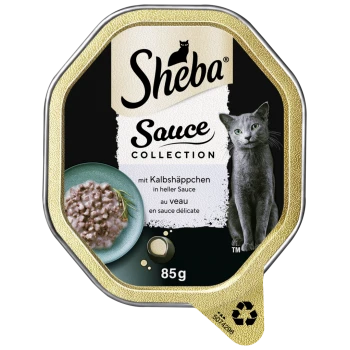 Verpackung von Sheba Sauce Collection Katzenfutter mit einer grauen Katze, einer Schüssel mit Fleisch in Sauce und Text in Deutsch und Französisch.