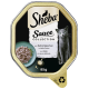 Verpackung von Sheba Sauce Collection Katzenfutter mit einer grauen Katze, einer Schüssel mit Fleisch in Sauce und Text in Deutsch und Französisch.