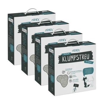 Vier dozen PRIMOX Premium Klumpstreu kattenbakvulling, met actieve kool voor geurcontrole, met een kattenafbeelding en productdetails.