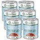 Sechs Dosen AniForte Pure Nature Hundefutter, mit "Ziege Pur" (reine Ziege) und Etiketten, die einzelnes Protein, frisches Fleisch und hohe Qualität hervorheben.