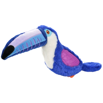 Colorful plush toy shaped like a toucan, featuring a blue body, pink wings, and a large beak with orange accents.