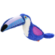 Jouet en peluche coloré en forme de toucan, avec un corps bleu, des ailes roses et un grand bec avec des accents orange.