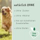 Ein Golden Retriever läuft auf einem grasbewachsenen Feld mit dem Text "natürlich OHNE" und Attributen: "ohne Zucker", "ohne Alkohol", "ohne Gluten."