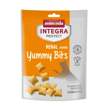 Eine Packung Animonda Integra Protect Renal Yummy Bits für Haustiere, mit einem leuchtend orangefarbenen Hintergrund, mit kleinen quadratischen Leckereien, die vorne angezeigt werden.