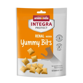 Eine Packung Animonda Integra Protect Renal Yummy Bits für Haustiere, mit einem leuchtend orangefarbenen Hintergrund, mit kleinen quadratischen Leckereien, die vorne angezeigt werden.