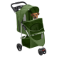 Ein grüner Haustierwagen mit einem Netzdach und Stauraum, in dem ein kleiner Hund von oben herausblickt.