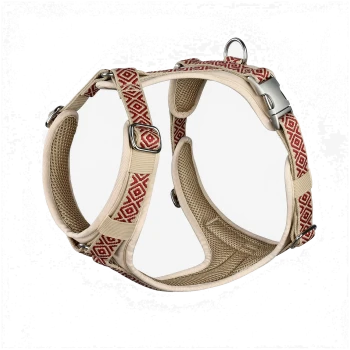 Ein beiges Haustiergeschirr mit einem roten geometrischen Muster, mit verstellbaren Riemen und Metallverschlüssen, entworfen für Komfort und Sicherheit.