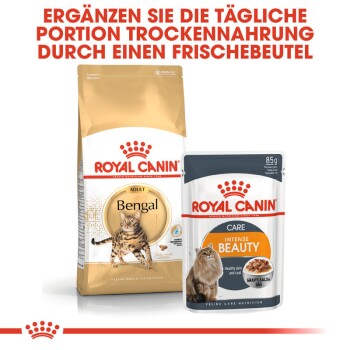 Royal Canin Tierfutter: Bengal Adult Trockenfutterbeutel und Care Intense Beauty Nassfutterbeutel, fördert die tägliche Fütterung.