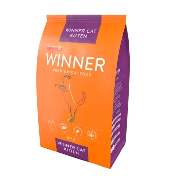 Orange bag of "Winner Premium Cat Food" for kittens, 10kg, featuring a playful cat illustration and nutritional icons.