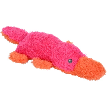 Ein lebhaftes, pinkes und orangefarbenes Plüschtier in Form eines Schnabeltiers, mit weichen, flauschigen Texturen und großen, ausdrucksvollen Augen.