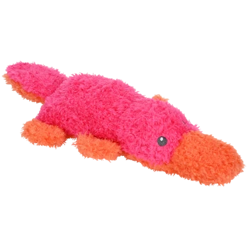 Ein lebhaftes, pinkes und orangefarbenes Plüschtier in Form eines Schnabeltiers, mit weichen, flauschigen Texturen und großen, ausdrucksvollen Augen.