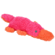 Ein lebhaftes, pinkes und orangefarbenes Plüschtier in Form eines Schnabeltiers, mit weichen, flauschigen Texturen und großen, ausdrucksvollen Augen.