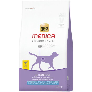 Zak Select Gold MEDICA Veterinary Diet hondenvoer (Gastro-intestinaal/SCHONKOST), kip, vetarm, 10 kg, paarse hondensilhouet.