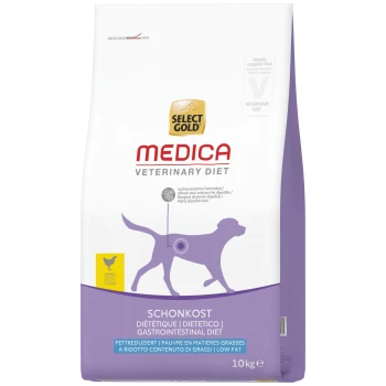 Sac de nourriture pour chiens Select Gold MEDICA Veterinary Diet (Gastrointestinal/SCHONKOST), poulet, faible en matières grasses, 10 kg, silhouette de chien violette.