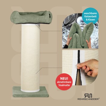 Cremefarbener Sisal-Kratzbaum mit grünem Cord-Bett; deutsche Beschriftungen zu waschbarem Katzenbett und abnehmbarer Sisalmatte.