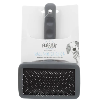 Furrish Ball Pin Slicker gray pet brush with ball-tipped pins; packaging text 'FURRISH' and 'BALL PIN SLICKER'.