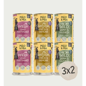 Dosen von Milo & Mia Haustierfutter in den Geschmacksrichtungen: Pferd & Pastinake, Geflügel, Reis & Gemüse und Wild, Lamm & Nudeln.