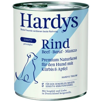 Dose mit Hardys Hundefutter, beschriftet mit "Rind" (Beef) mit Kürbis und Apfel, mit einem blau-weißen Design und Ansprüchen für empfindliche Verdauung.
