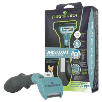 Teal Furminator Undercoat deShedding Tool for small short-hair cats (S) with gray handle, shown with box packaging
