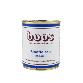 Dosen-Hundefutter mit der Aufschrift "boos Rindfleisch Menü", mit einem weißen und blauen Design und dem Text "Ergänzungsfuttermittel für Hunde."