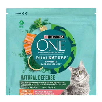 Sac de nourriture pour chats Purina ONE Dual Nature mettant en vedette un chat gris, du saumon et des ingrédients verts, avec un texte soulignant "Défense Naturelle" et le soutien immunitaire.