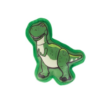 Green cartoon T-rex dog toy with smiling face, darker spots and green fabric trim on black background