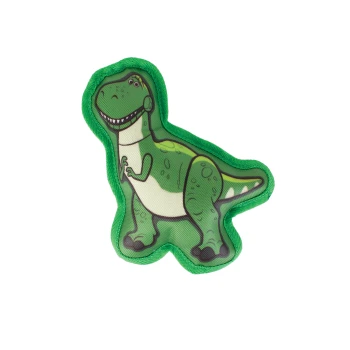 Green cartoon T-rex dog toy with smiling face, darker spots and green fabric trim on black background