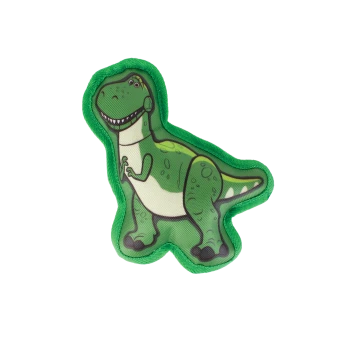 Green cartoon T-rex dog toy with smiling face, darker spots and green fabric trim on black background