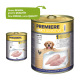Zwei Dosen "Premiere Meati Sensitive" Hundefutter, eine mit einem glücklichen Hund und rohem Hähnchen, mit der Aufschrift "Neues DESIGN, gleiche QUALITÄT."