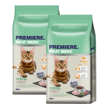Zwei Taschen mit Premiere Meat Menu Katzenfutter, jeweils 2 kg, mit einer getigerten Katze auf der Vorderseite, mit den Etiketten "51% Geflügel" und "Dental Adult".