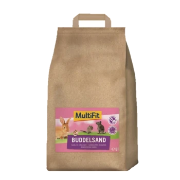 Sac en papier brun de MultiFit Buddelsand, présentant des images d'un lapin, d'un cochon d'Inde et d'un hamster, étiqueté comme "Sable de fouille" en plusieurs langues.