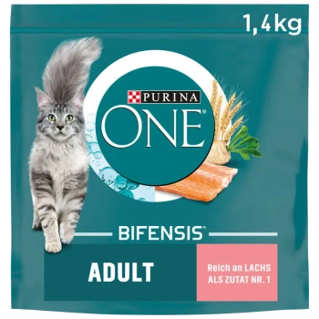 Torba karmy dla kotów Purina ONE Bifensis, 1,4 kg, z szarym kotem tabby, łososiem i pszenicą, oznaczona "Dorosły" i "Bogaty w łososia."