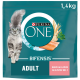 Purina ONE Bifensis Katzenfutterbeutel, 1,4 kg, mit einer grauen getigerten Katze, Lachs und Weizen, beschriftet mit "Erwachsene" und "Reich an Lachs."